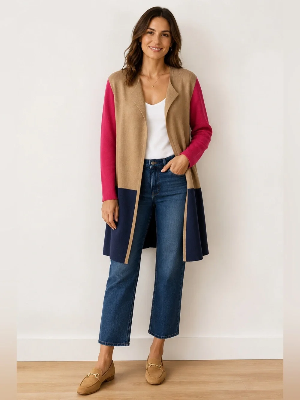 J.Crew Colorblock Longline Open Front Sweater Cardigan Size M 100% Cotton